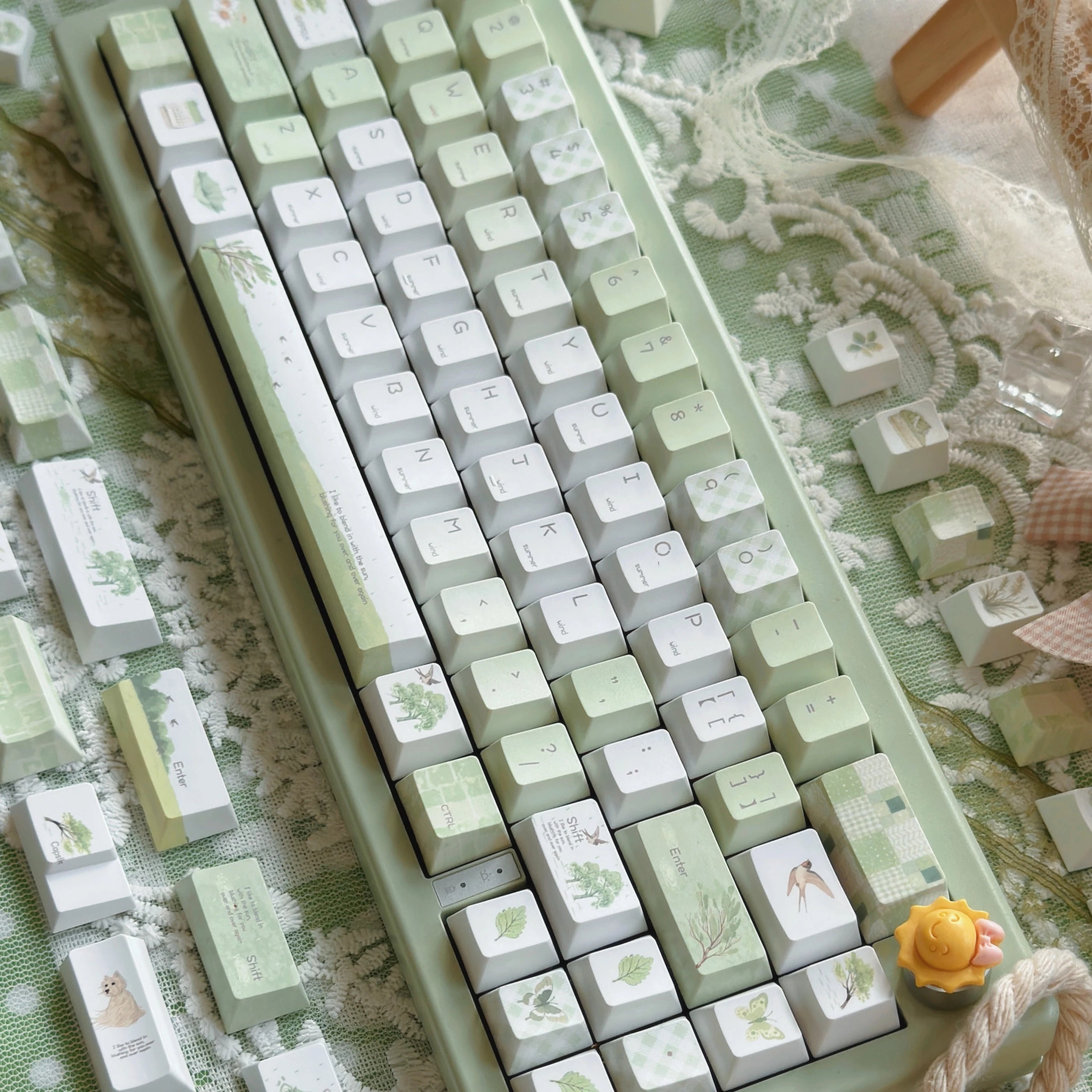 Light Green Summer Rain Keycap Cherry Profile PBT Five-Sided Thermal Sublimation Cute Keycaps for Mechanical Keyboard 130 Keys