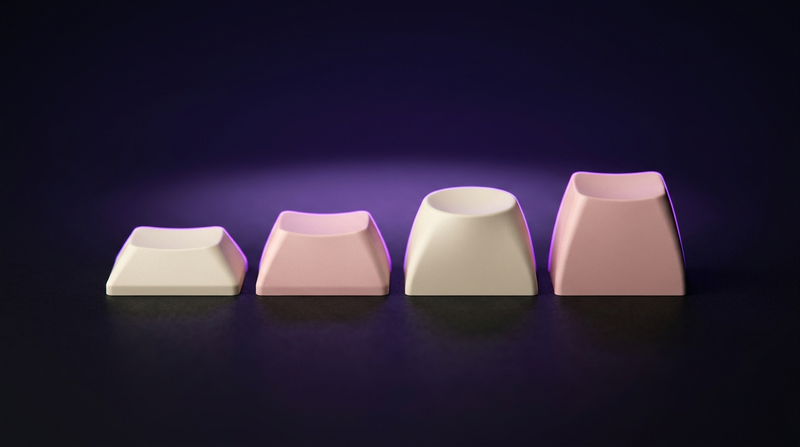 Four PBT keycaps in a row at different heights showing Cherry, MOA, MDA, and OEM keycap profiles, on a dark navy-purple background with a neon violet glow