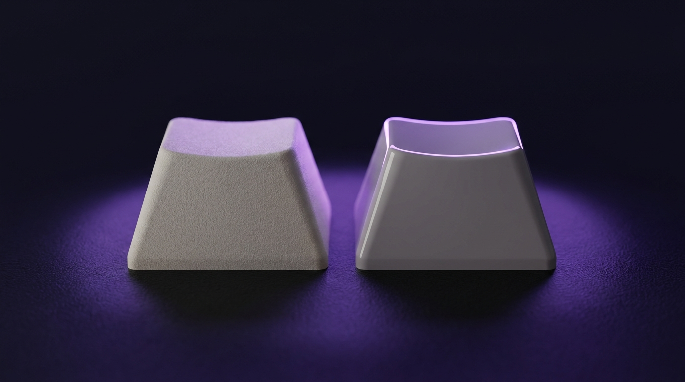 A matte textured keycap beside a glossy keycap on a dark desk, lit by soft violet light