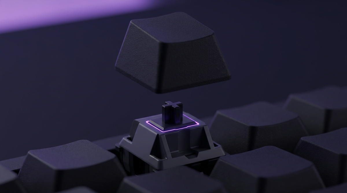 A single keycap lifted above a mechanical switch, showing the cross-shaped MX stem underneath