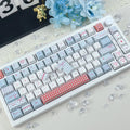 Sweet Bobo Keycap Set, red and blue checkered PBT keycaps with heart and bow accents, Cherry profile