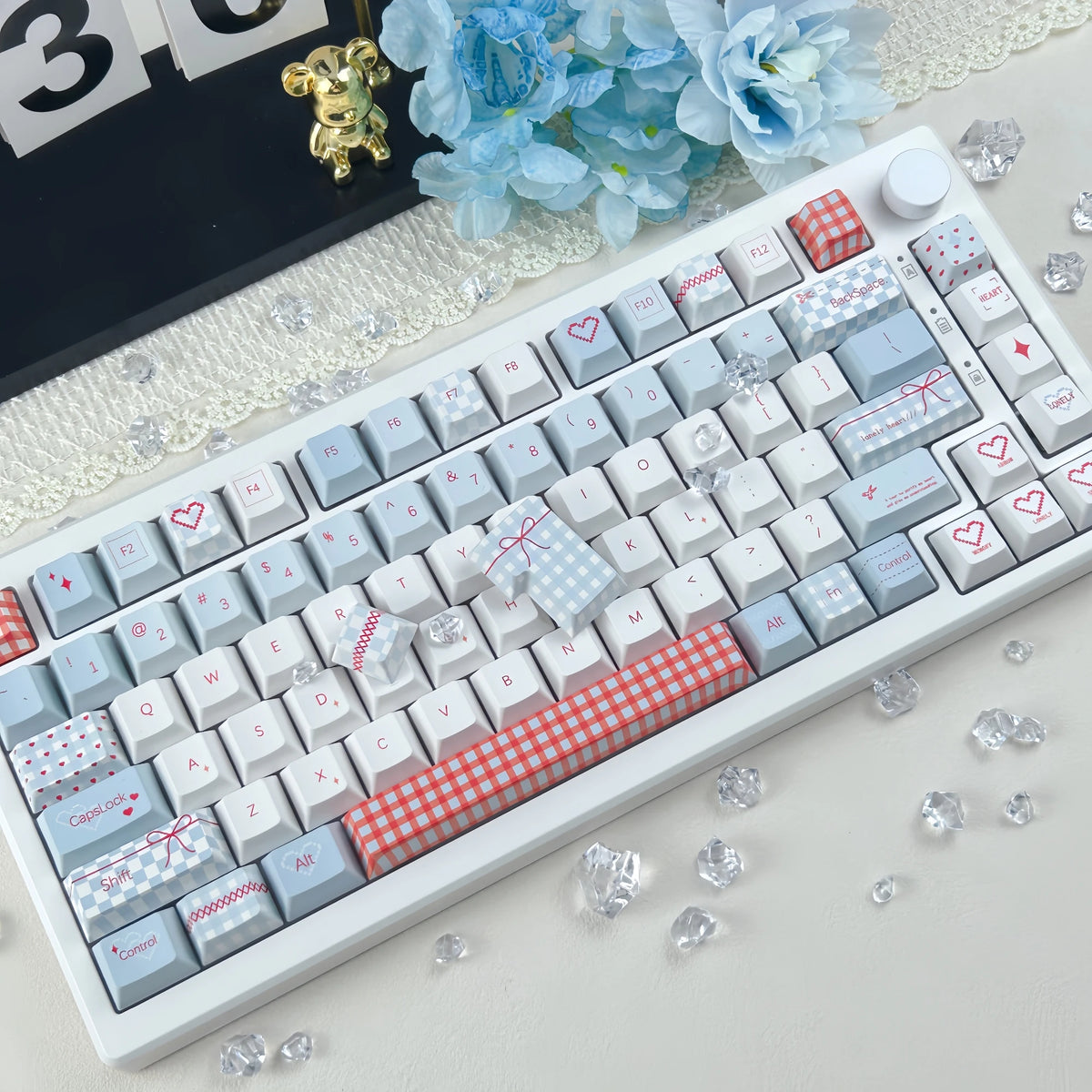 Sweet Bobo Keycap Set, red and blue checkered PBT keycaps with heart and bow accents, Cherry profile