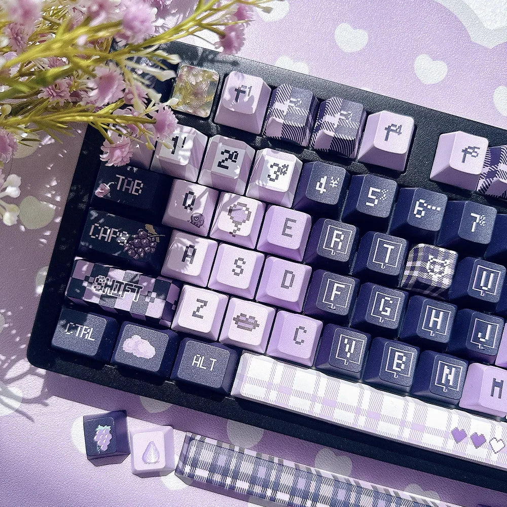 Grape Pixel Keycap Set, 137-piece purple pixel-print PBT keycaps, Cherry profile