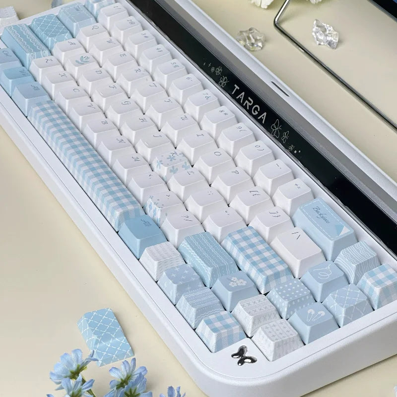 Romance Narrative Poem Keycaps Cherry/So Profile PBT Five-Sided Sublimation Simple Light Blue Lace Checkered Element Keycap Set