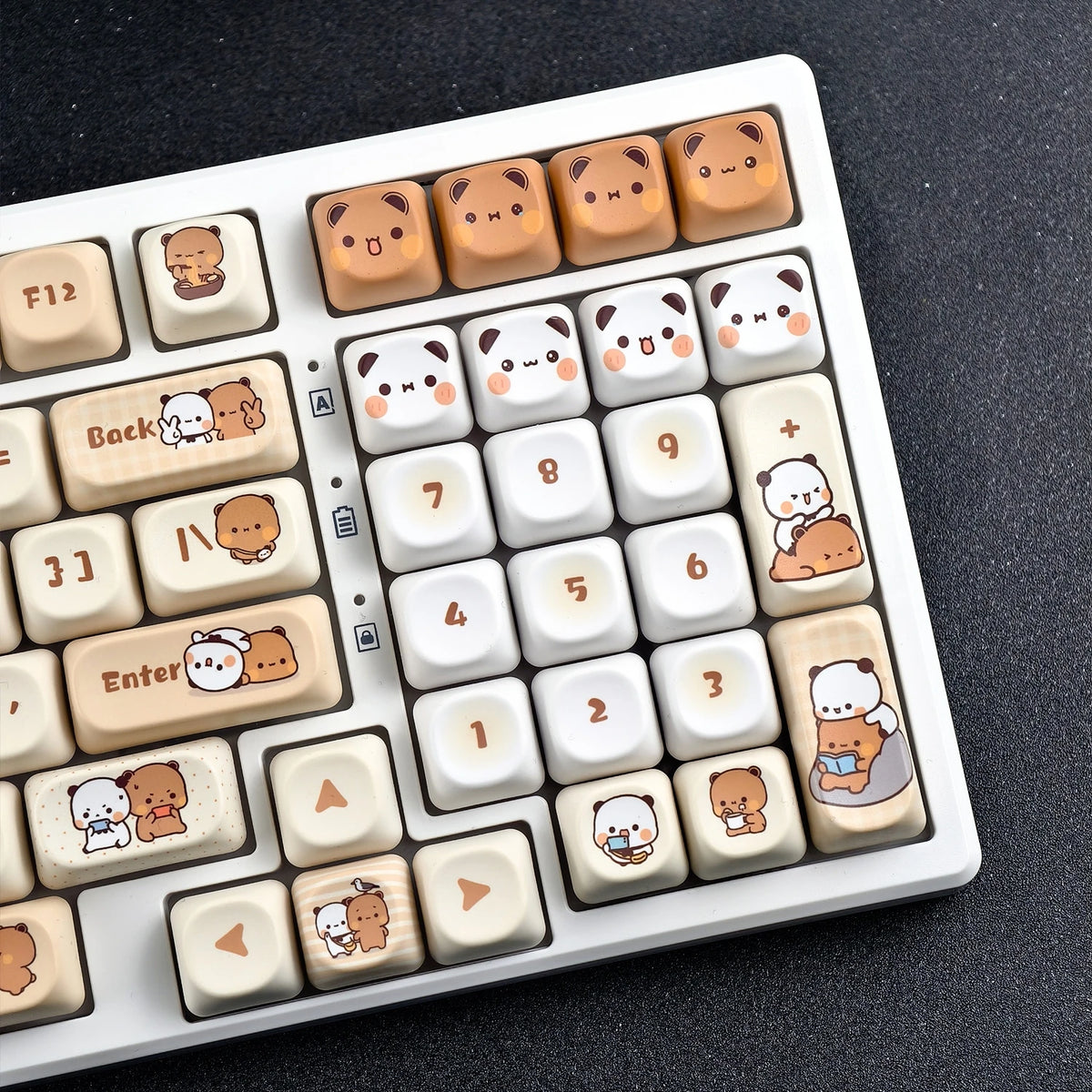 Bubu & Yier accent keycaps mixed into a keyboard with matching PBT keycaps installed