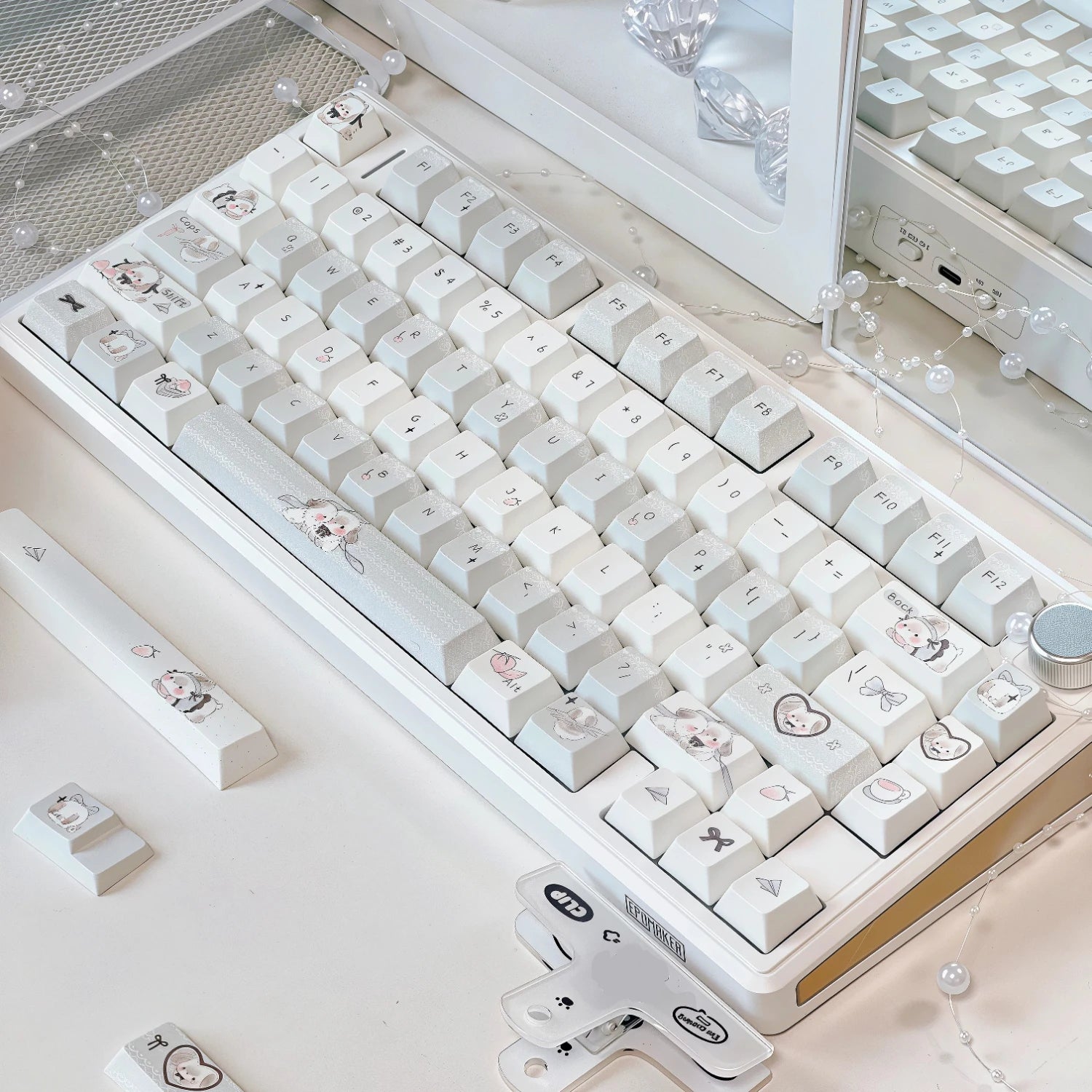 Fluffy Rabbit Keycap Cherry Profile 129Keys PBT Custom Cartoon Cute Bunny Keycaps for 75/87/98/104 Mechanical Keyboard