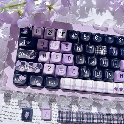 Eat a Grape Theme Keycap PBT Thermal Sublimation Cute Black Purple Pixel Style Keycaps for Mechanical Keyboard Cherry Profile