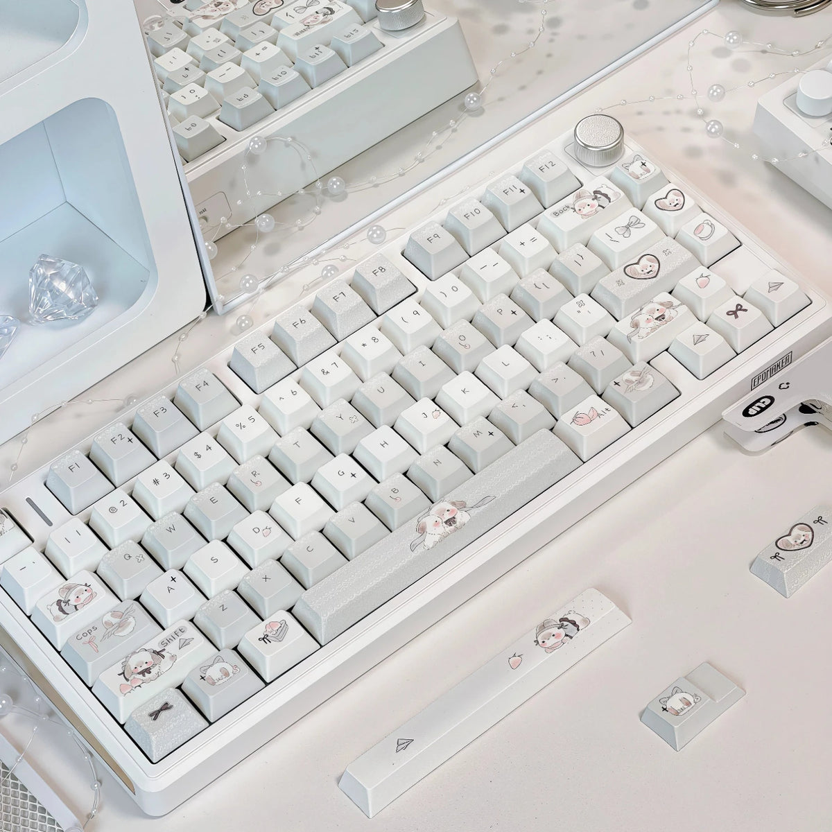 Fluffy Rabbit Keycap Set, 129-piece cartoon bunny PBT keycaps, Cherry profile