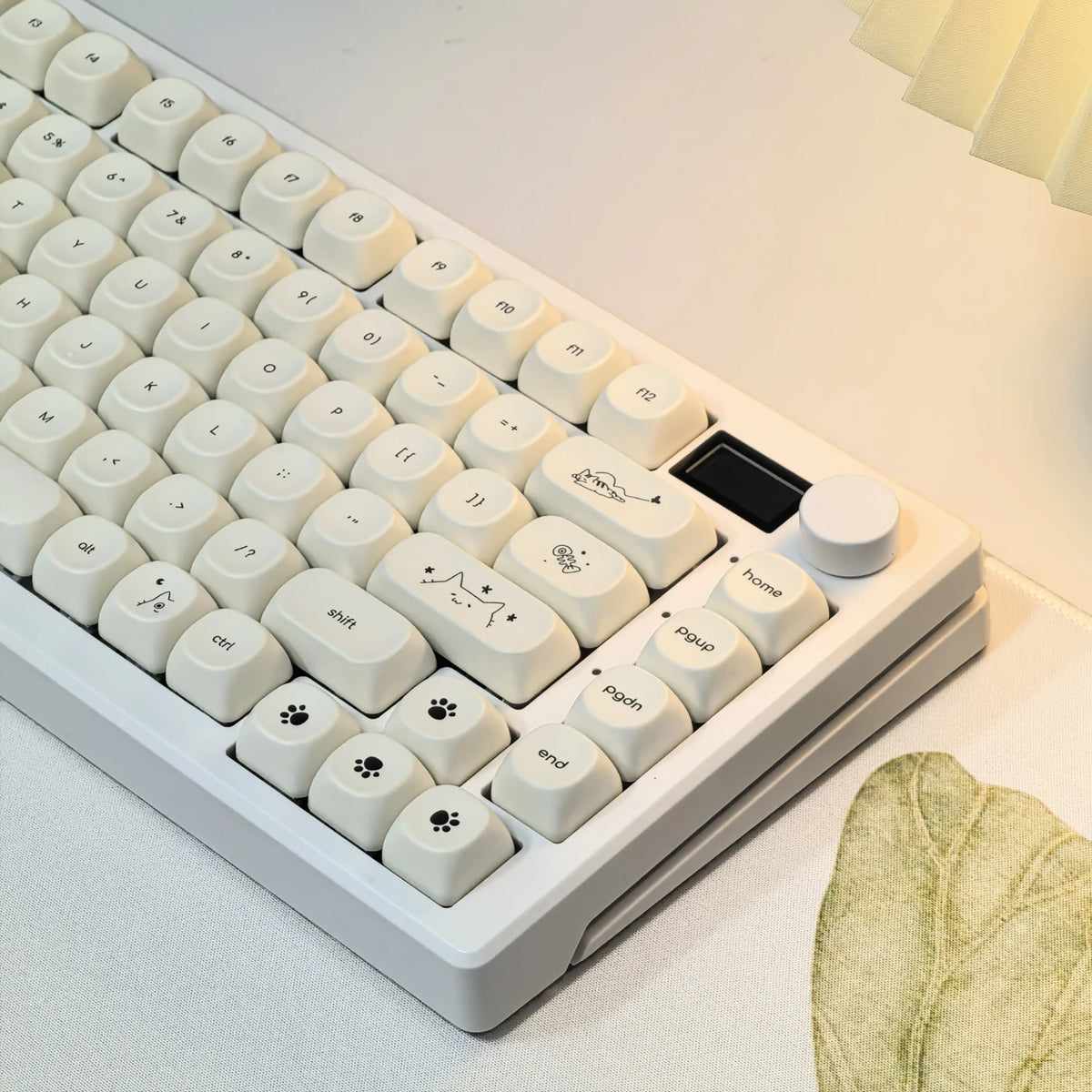 Whiskers Cat-Ear Keycap Set, 124-piece milky white PBT keycaps with a cat-ear accent key, MOA profile