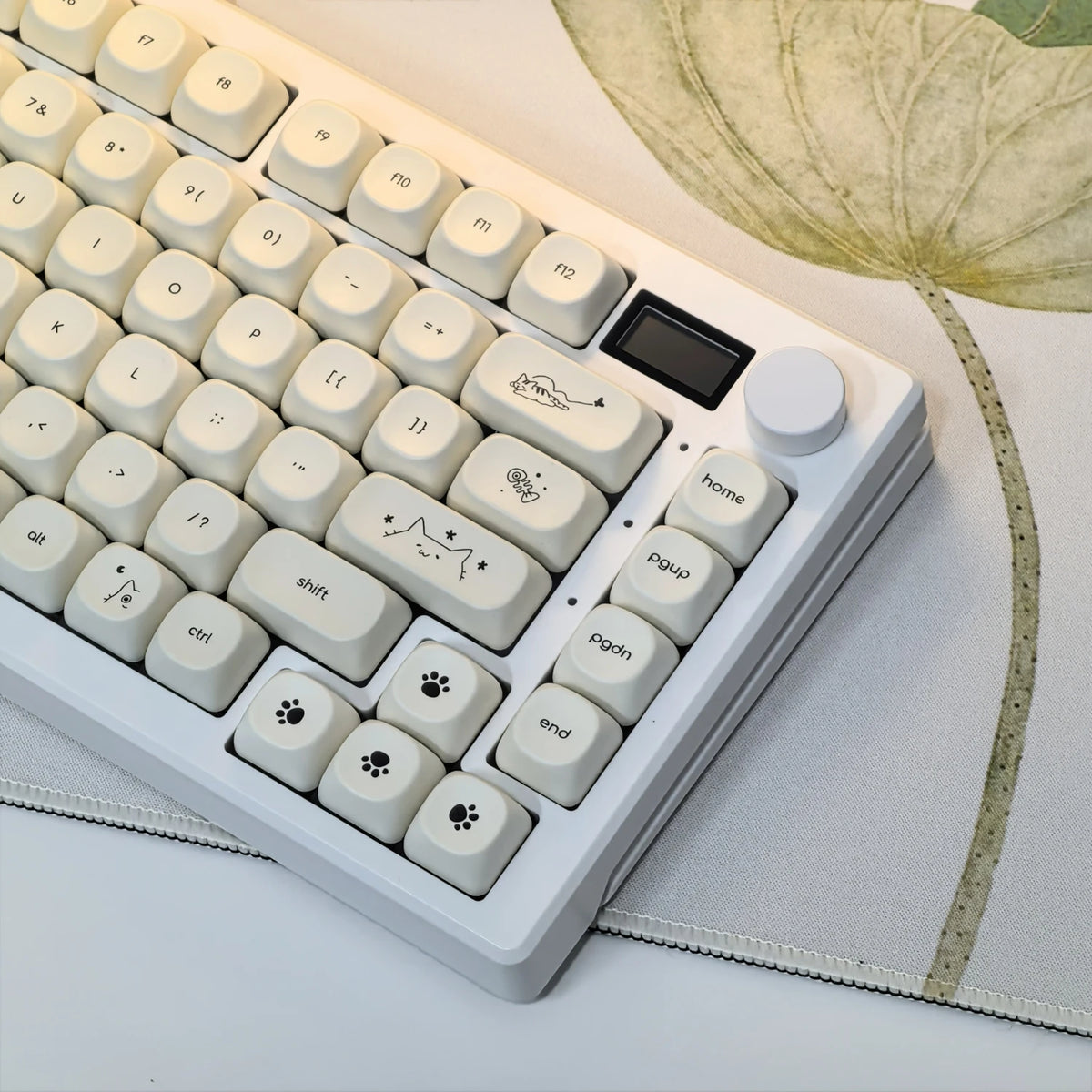 Whiskers Cat-Ear Keycap Set, 124-piece milky white PBT keycaps with a cat-ear accent key, MOA profile