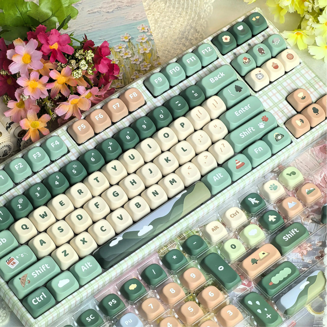 Cute Green Keycap 124Keys Go Hiking Theme Thermal Sublimation PBT Keycaps for Mechanical Keyboard MOA Height Small Fresh Key Cap