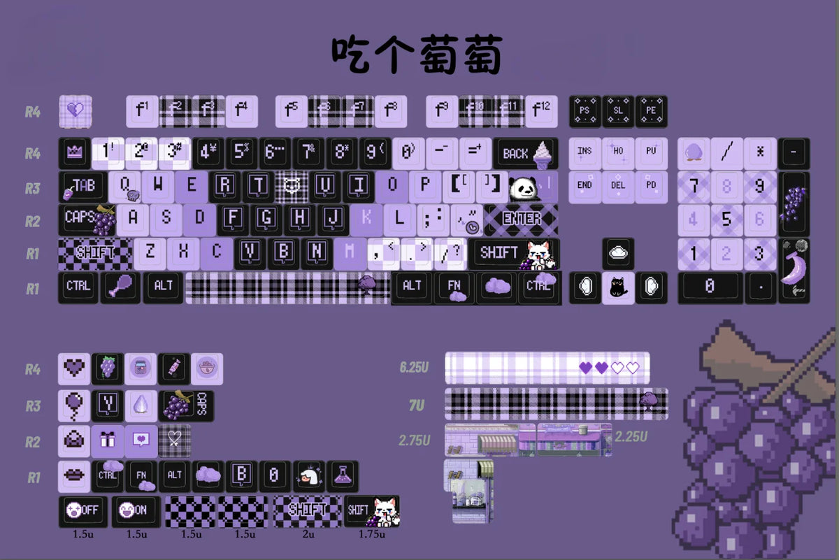 Grape Pixel keycaps shown from a different angle
