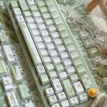 Light Green Summer Rain Keycap Cherry Profile PBT Five-Sided Thermal Sublimation Cute Keycaps for Mechanical Keyboard 130 Keys