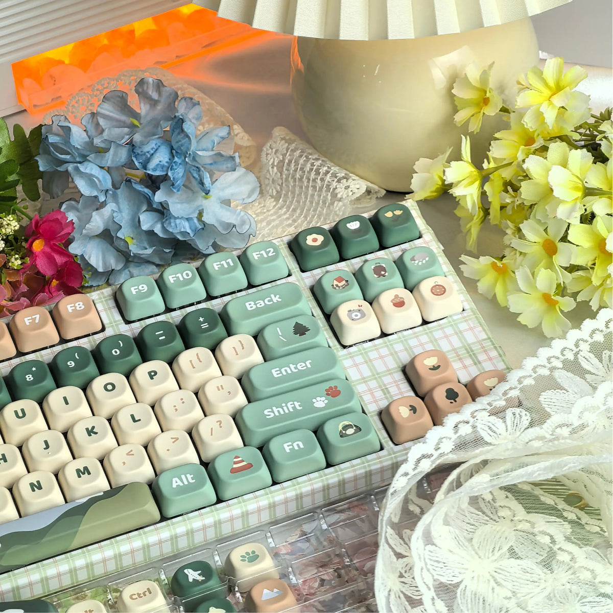Trailhead green PBT keycaps installed on a mechanical keyboard