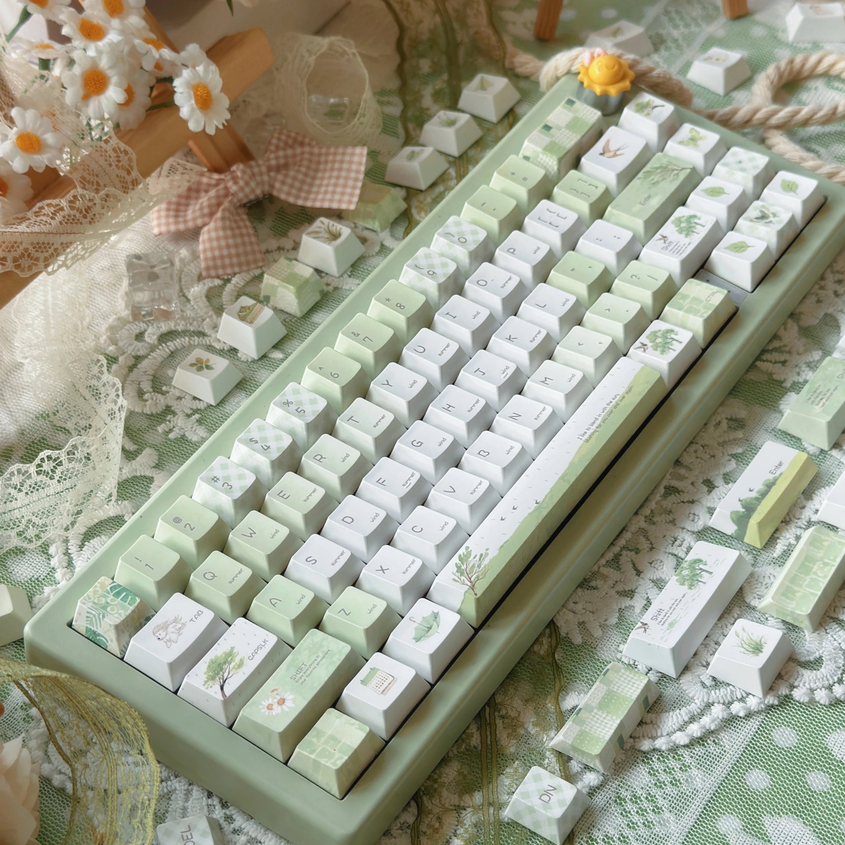 Light Green Summer Rain Keycap Cherry Profile PBT Five-Sided Thermal Sublimation Cute Keycaps for Mechanical Keyboard 130 Keys