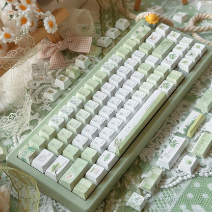 Light Green Summer Rain Keycap Cherry Profile PBT Five-Sided Thermal Sublimation Cute Keycaps for Mechanical Keyboard 130 Keys