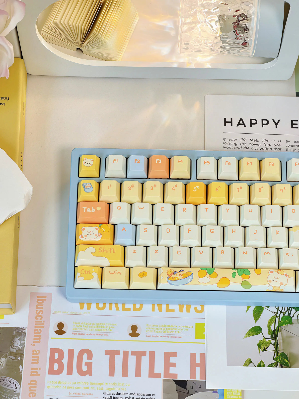 Mango Yogurt Bear keycaps installed on a keyboard, side view