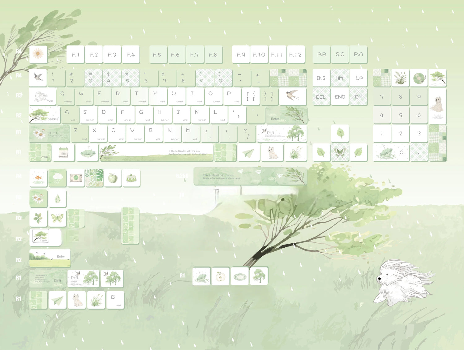 Light Green Summer Rain Keycap Cherry Profile PBT Five-Sided Thermal Sublimation Cute Keycaps for Mechanical Keyboard 130 Keys