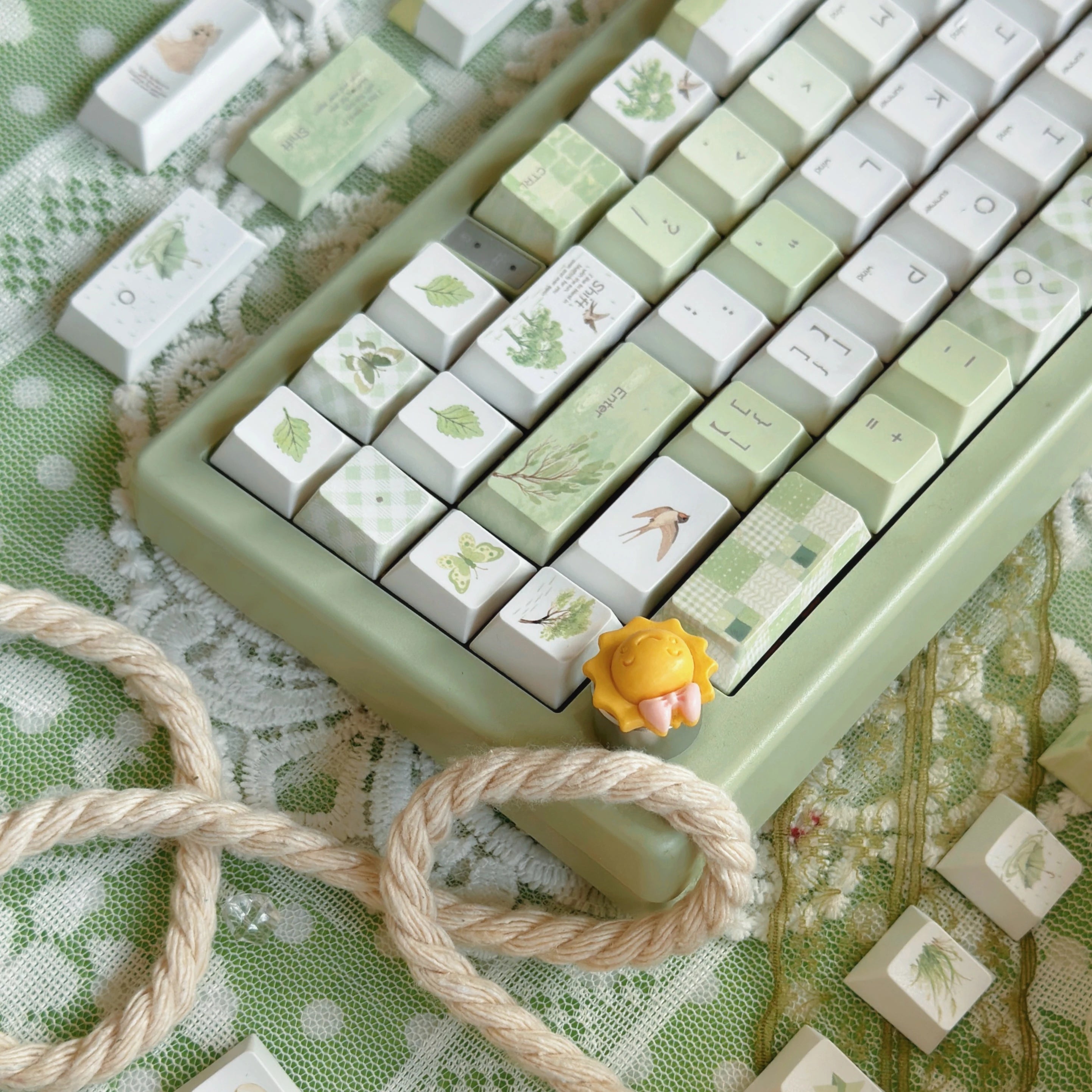 Light Green Summer Rain Keycap Cherry Profile PBT Five-Sided Thermal Sublimation Cute Keycaps for Mechanical Keyboard 130 Keys