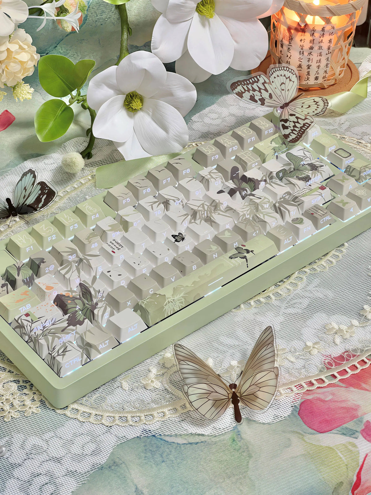 Bamboo & Butterfly green PBT keycaps installed on a mechanical keyboard