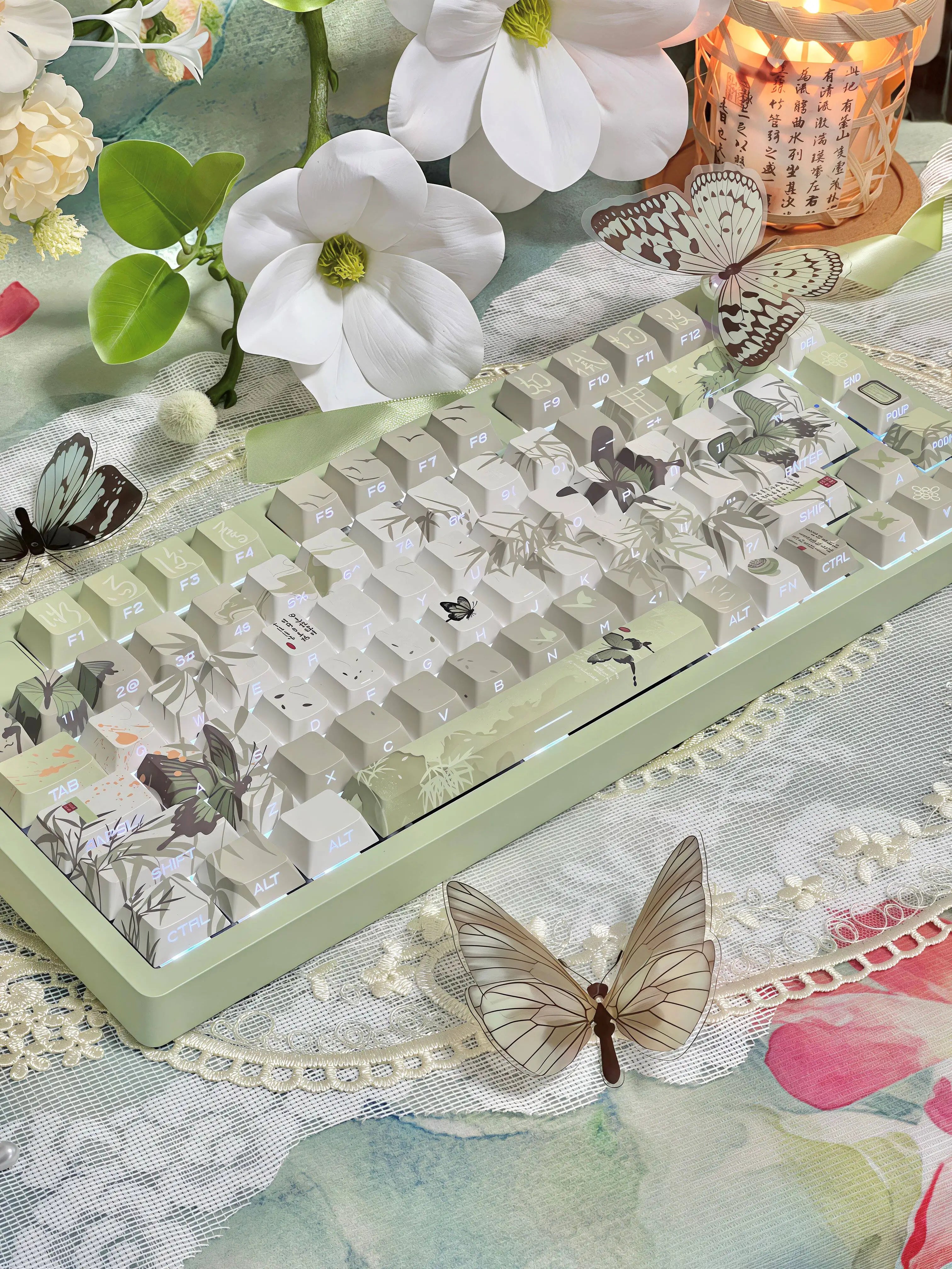 Bamboo &amp; Butterfly Keycap Set - Green PBT