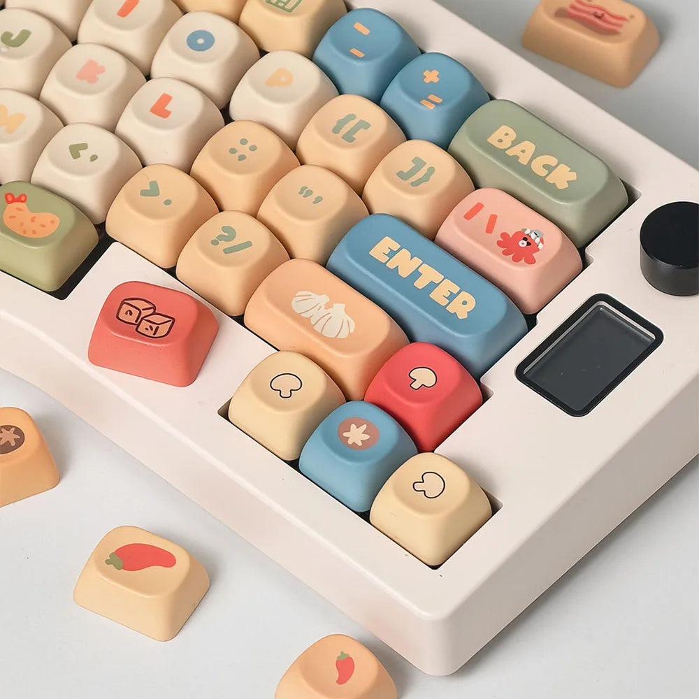Instant Noodle Keycap Set, 132-piece round PBT keycaps with cartoon noodle cup print, MOA profile