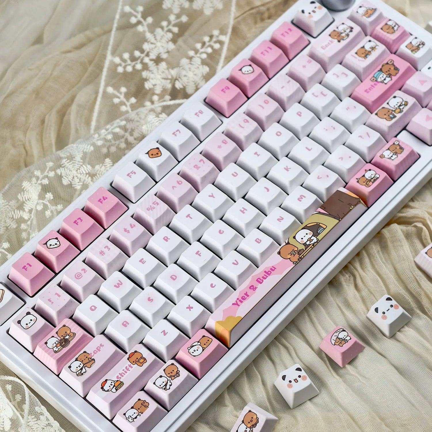Pink Cute Keycaps MOA Cherry Profile round Kawaii Bubu and Yier Keyboard Caps PBT Custom Panda Bear Mechanical Keycap