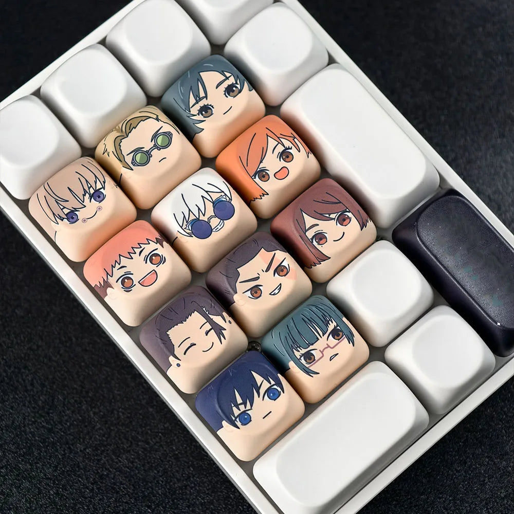 Jujutsu Kaisen accent keycaps mixed into a keyboard with matching PBT keycaps installed