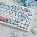 Full Sweet Bobo keycap set laid out, red and blue colorway