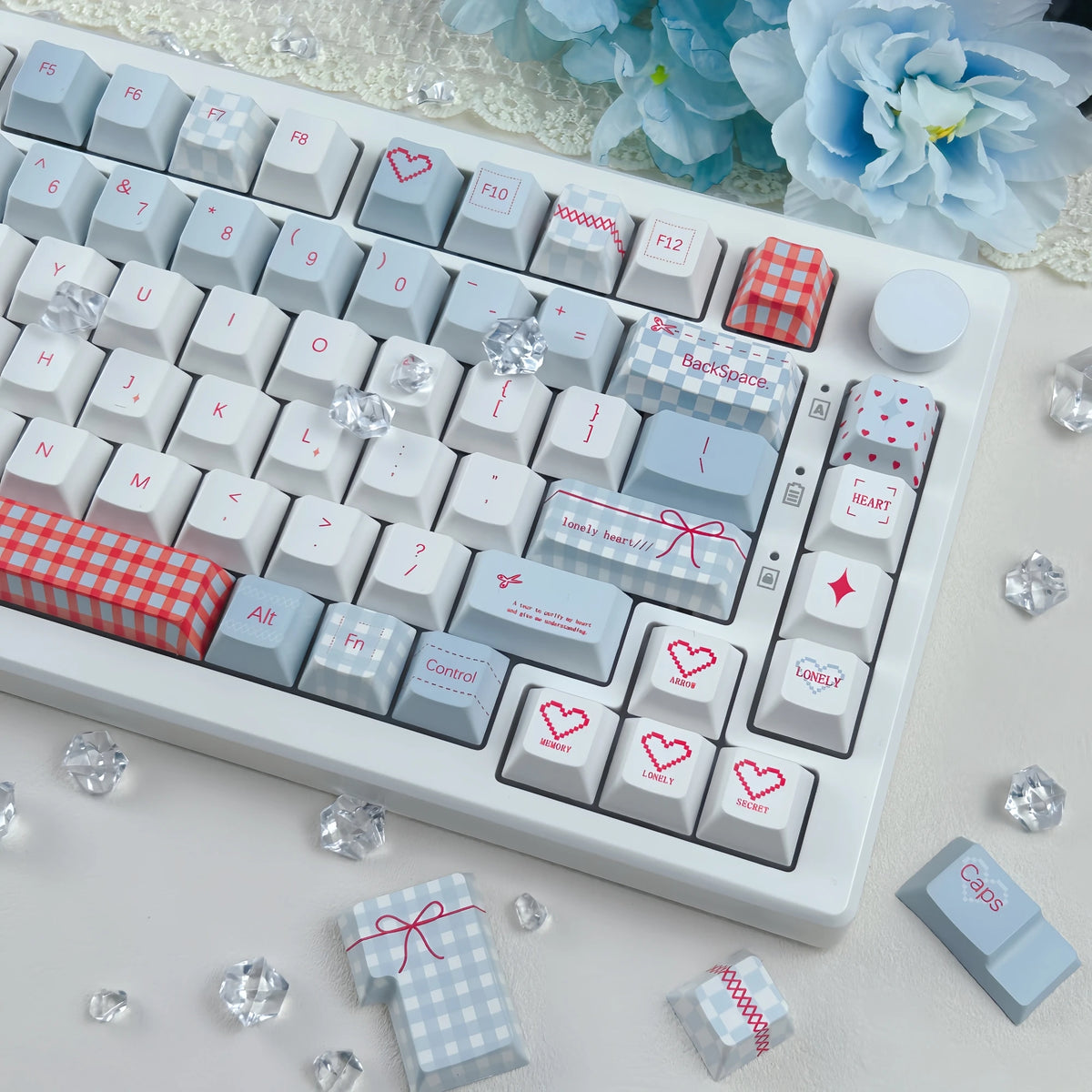 Full Sweet Bobo keycap set laid out, red and blue colorway