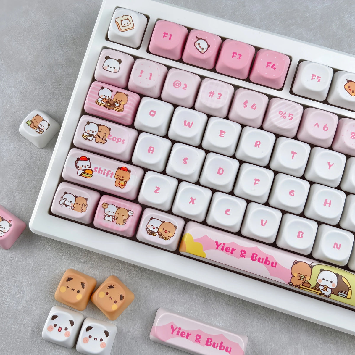 Bubu & Yier Keycap Set, round bubble-shaped PBT keycaps in pink, panda and bear design