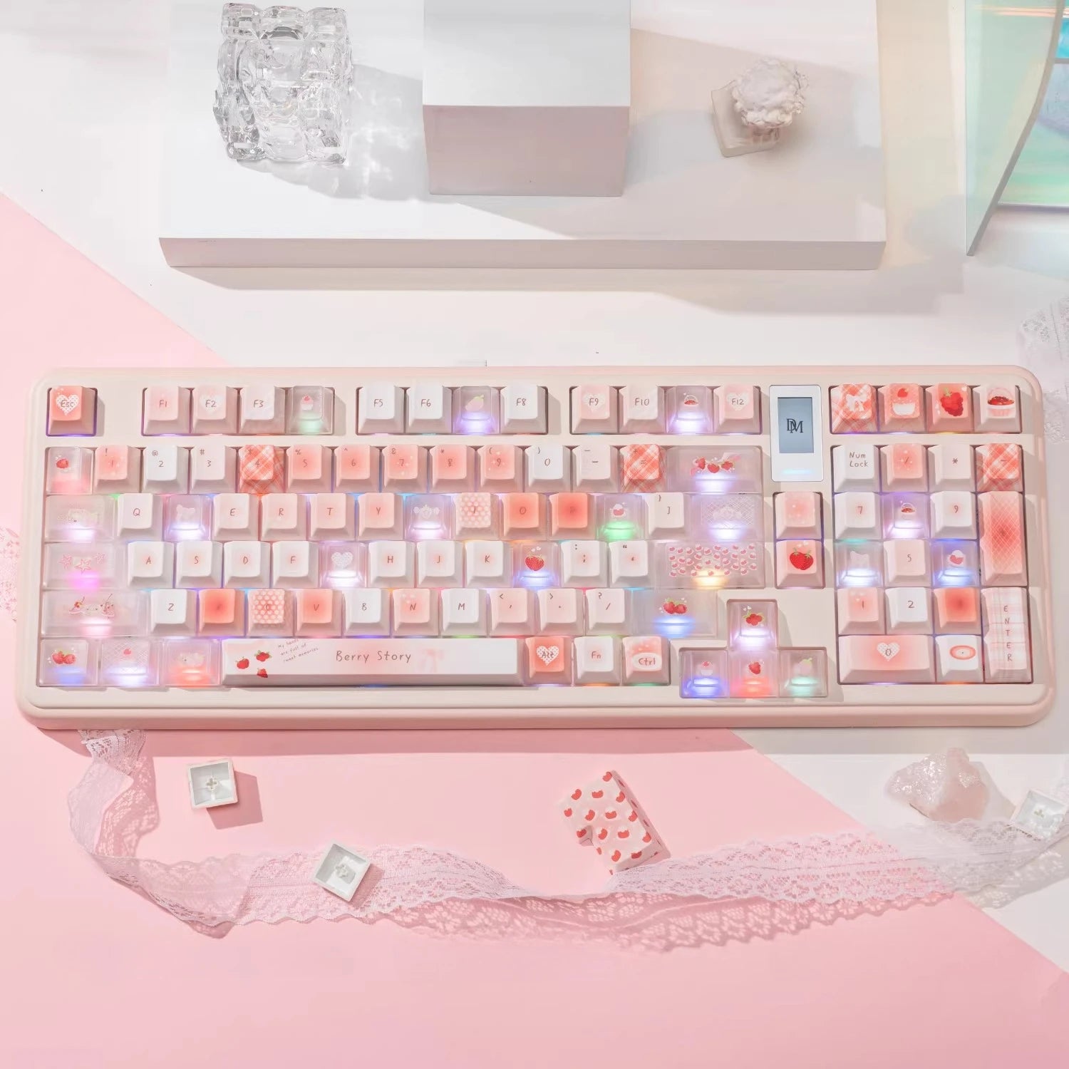 Berry Story Keycap Cherry Profile PBT+PC Custom Pink Cute Strawberry Keycaps for 68/75/87/108 Mechanical Keyboard Gifts