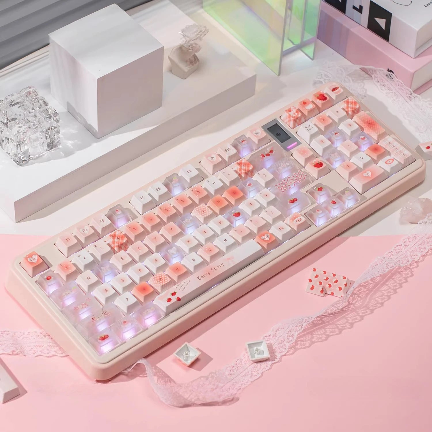 Berry Story Keycap Cherry Profile PBT+PC Custom Pink Cute Strawberry Keycaps for 68/75/87/108 Mechanical Keyboard Gifts