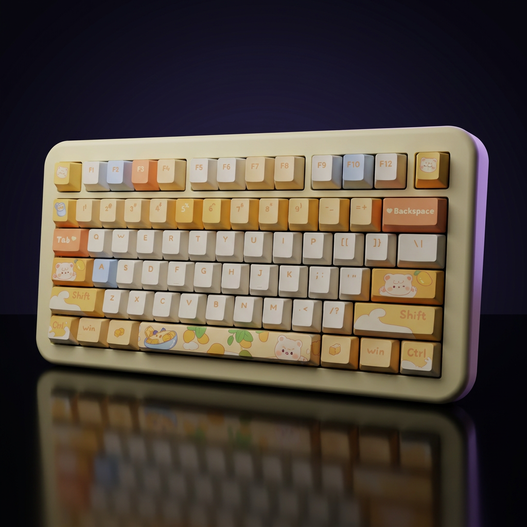 Mango Yogurt Bear Keycap Set - PBT on a dark violet-lit backdrop