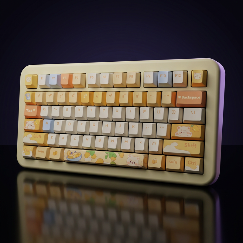 Mango Yogurt Bear Keycap Set - PBT on a dark violet-lit backdrop