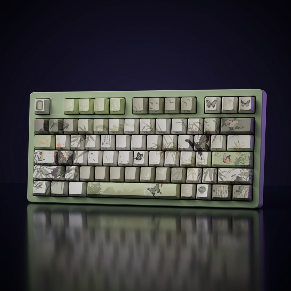 Bamboo & Butterfly Keycap Set - Green PBT on a dark violet-lit backdrop