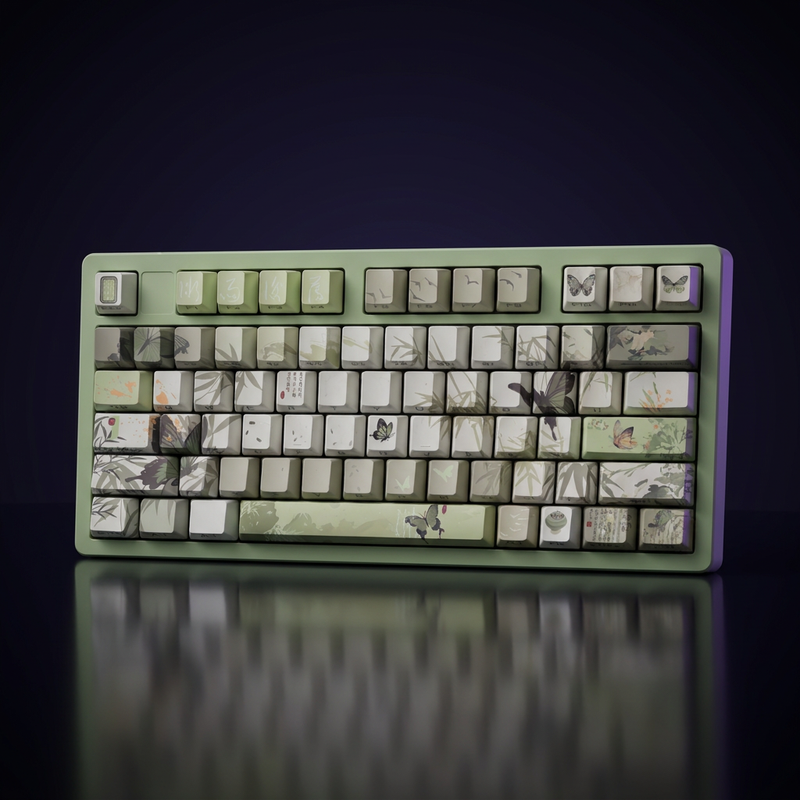 Bamboo & Butterfly Keycap Set - Green PBT on a dark violet-lit backdrop