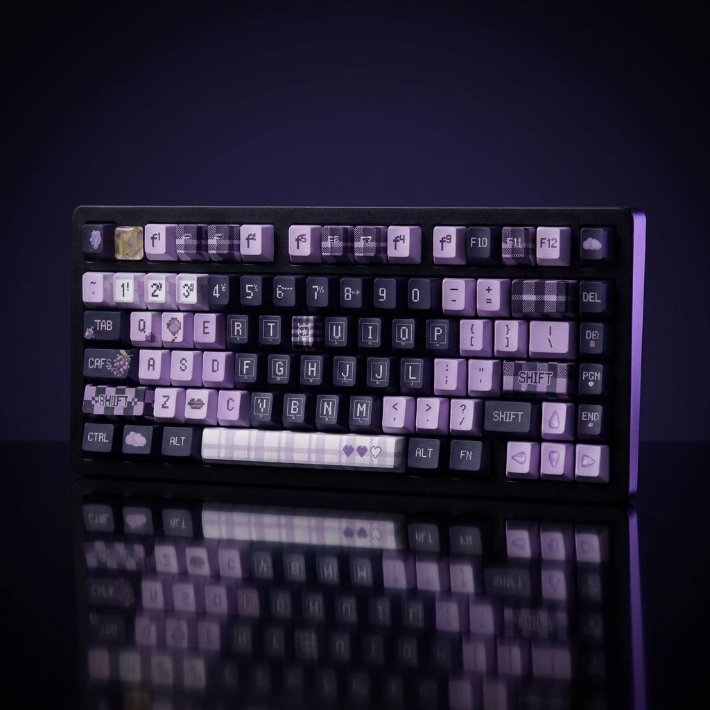 Grape Pixel Keycap Set - 137pc PBT on a dark violet-lit backdrop
