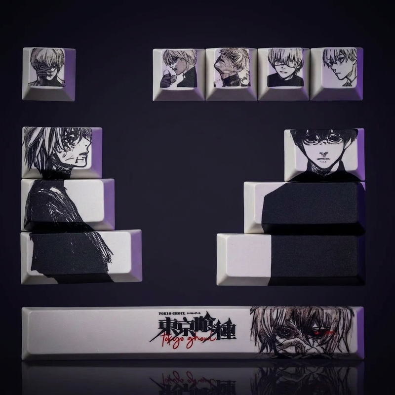 Kaneki Ken Tokyo Ghoul Keycap Set - 12pc PBT on a dark violet-lit backdrop