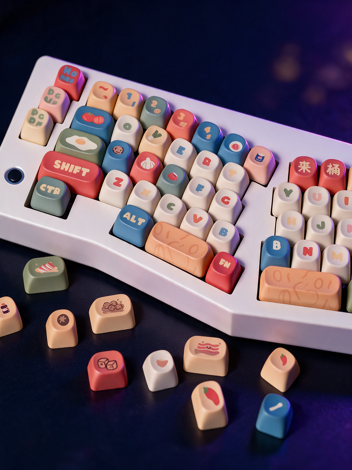 Instant Noodle keycap macro close-up, Midnight Atelier lighting