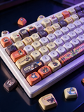 Bangboo Zenless Zone Zero keycap set on a lamp-lit desk, Midnight Atelier lighting