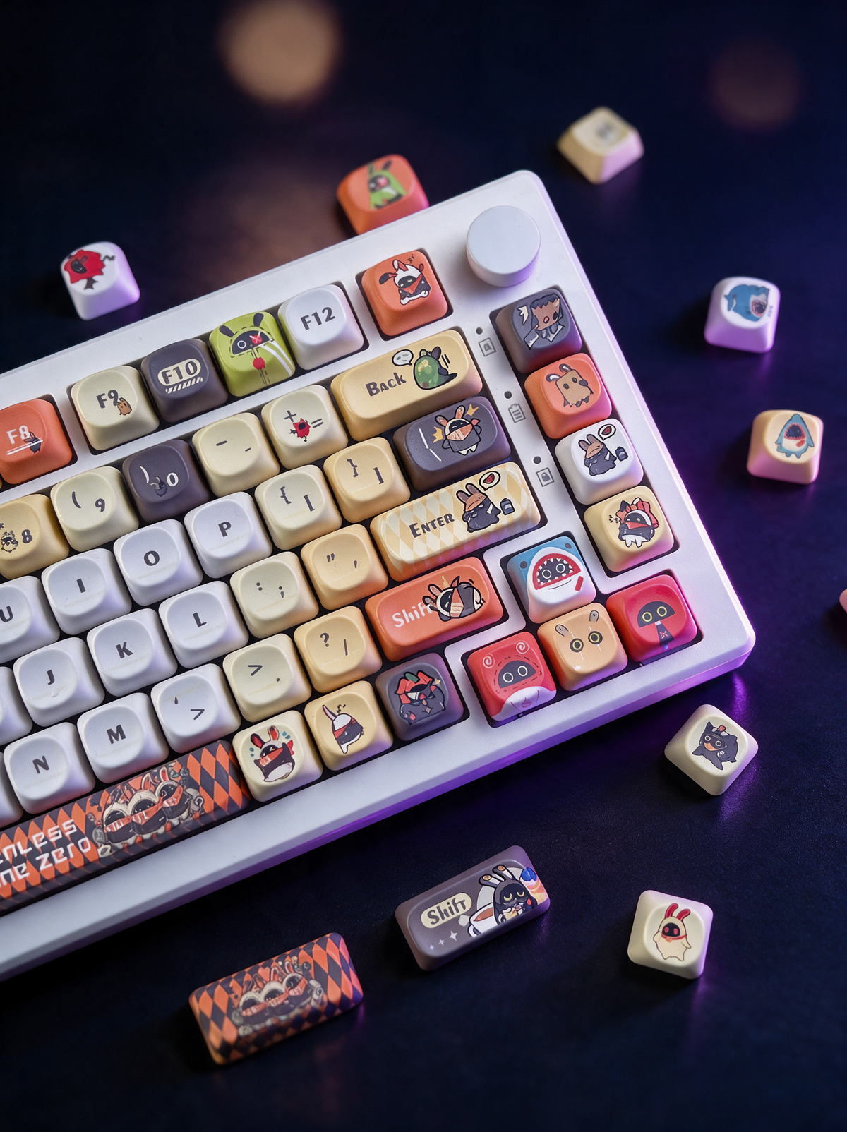 Bangboo Zenless Zone Zero character keycap macro close-up, Midnight Atelier lighting