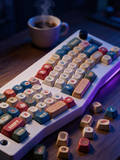 Instant Noodle keycap set on a matte wood desk with coffee, Midnight Atelier lighting