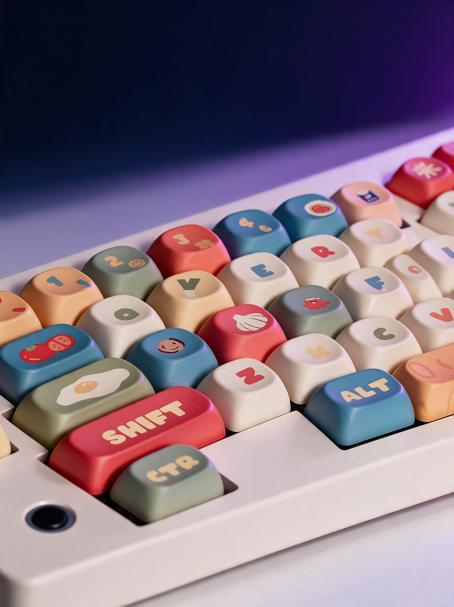 Instant Noodle keycap set on a minimalist desk, Midnight Atelier lighting