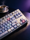 Columbina Genshin Impact keycaps on a keyboard, calm morning desk scene