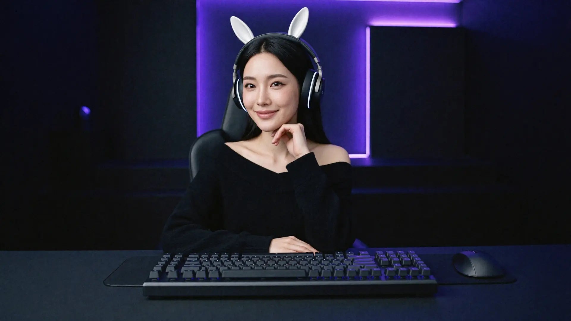 Tappy, the Tappy Bunny mascot, seated behind a mechanical keyboard at a violet-lit desk